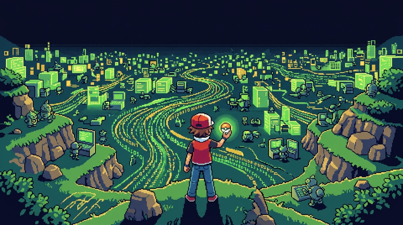 Trainer overlooking a digital Pokémon army landscape