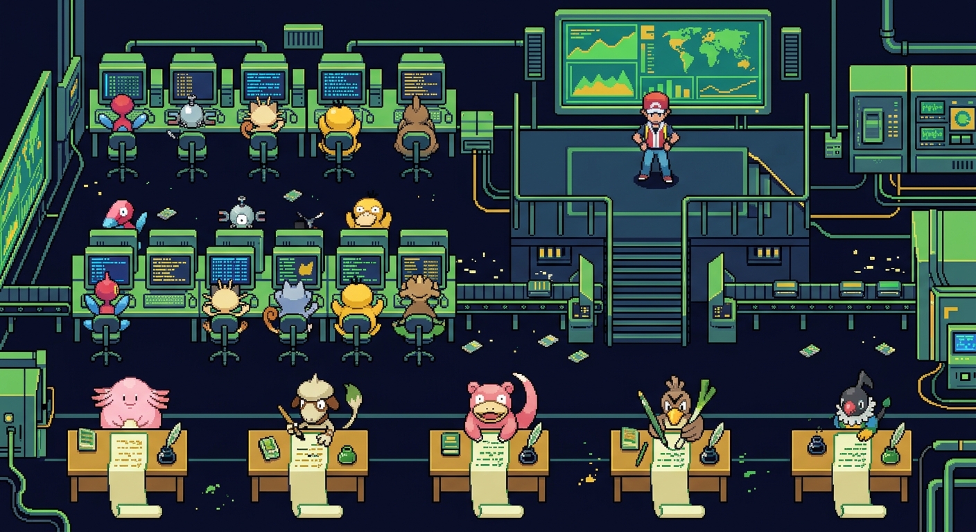 Bird's eye view of a thriving Pokémon gym factory